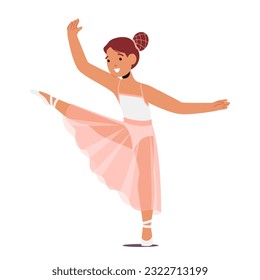 Caracter jovencita, dulce y encantadora, vestido con un tutu y unas zapatillas de ballet, afinada y elegante, radiante belleza e inocencia mientras practica sus movimientos de baile. Ilustración de vectores de personas de caricatura