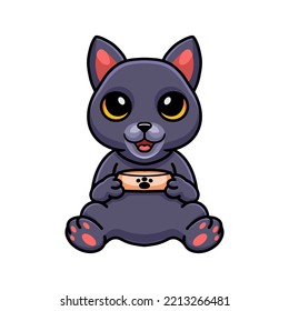 Cute Chartreux Cat Cartoon Holding Food Bowl