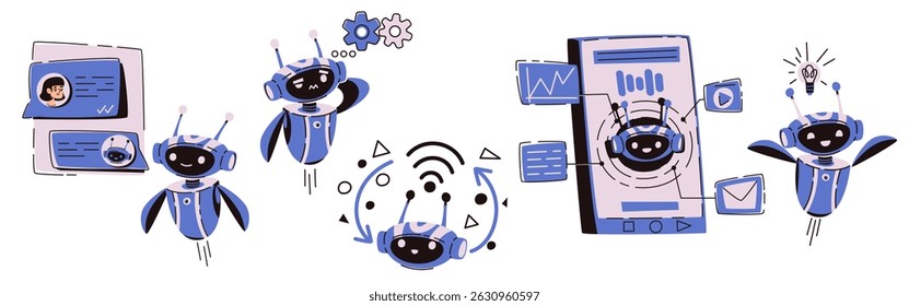 Cute chat bot AI characters set performing various actions - analyzing data on screen, having idea, communicating and thinking. Friendly robot assistants for user support, virtual help service, FAQs.