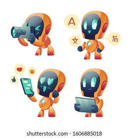 Cute chat bot cartoon vector set illustration. Yellow funny smart conversation robot, assistant with tablet and foto camera, reading message on mobile phone, online translator isolated on white