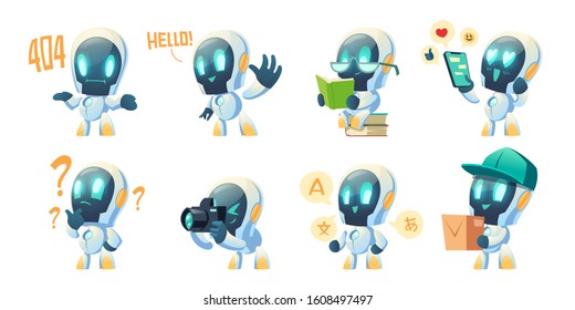 Cute chat bot cartoon vector set illustration. White funny smart conversation robot, assistant make hand gesture waving hello, 404 error message and thinking with question mark, translator