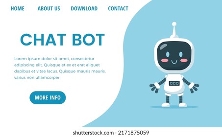 Cute chat bot character, landing page template, flat vector illustration. Cartoon robot character with cheerful emotion. Web banner with concept of robotic customer support.