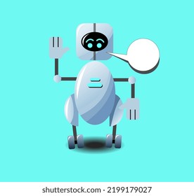 Cute Chat Bot With A Dialogue Bubble Isolated. Greeting And Helping Robot. Virtual Support Artificial Intelligence. Online Messengers Assistant On Sites. Voice Support Service.