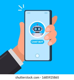 Cute chat bot on the phone. start a conversation in the application. flat vector illustration.