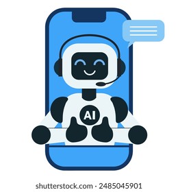 Cute chat bot, robot assistant shows thumbs up for customer support on the phone. AI bot helper. Concept of virtual conversation assistant for getting help. Vector illustration