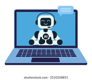 Cute chat bot, robot assistant shows thumbs up for customer support on the laptop monitor screen. AI bot helper. Concept of virtual conversation assistant for getting help. Vector illustration