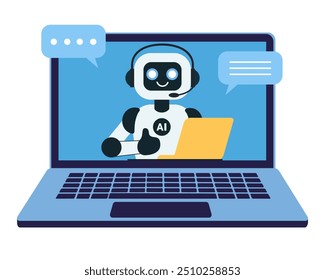 Cute chat bot, robot assistant with yellow laptop shows thumbs up for customer support on the blue laptop monitor screen. AI bot helper. Concept of virtual conversation assistant for getting help.