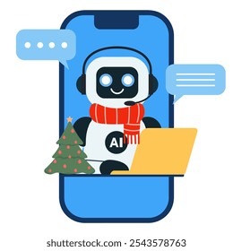 Robô de bate-papo bonito com uma árvore de Natal, cachecol vermelho e laptop amarelo no telefone