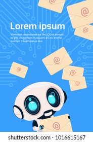 Cute Chat Bot Robot With Email Envelopes Over Circuit Background With Copy Space Flat Vector Illustration