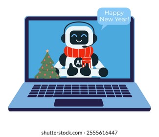 Cute chat bot robot in red scarf and with Christmas tree shows thumbs up on the laptop monitor screen