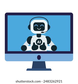 Cute chat bot robot shows thumbs up on the computer monitor screen