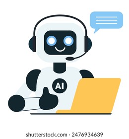 Lindo robot de chat con portátil amarillo muestra pulgares hacia arriba