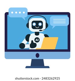 Cute chat bot robot with yellow laptop shows thumbs up on the computer monitor screen