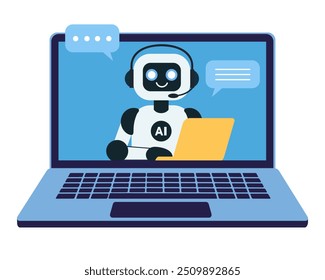 Robô de bate-papo bonito com laptop amarelo na tela do monitor