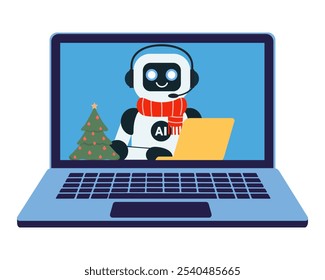 Cute chat bot robot with yellow laptop with a Christmas tree and a red scarf on on the monitor screen