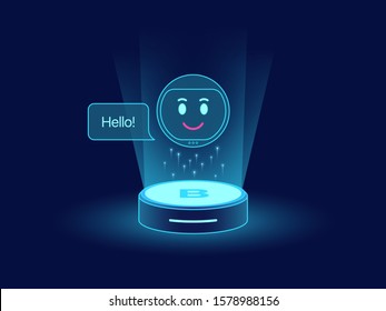 Cute chat bot, virtual voice assistant. Mobile chatbot with function of Machine learning, Smart home station and speaker with Artificial intelligence, Bot helper for business. Vector illustration