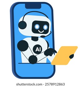 Cute chat bot with yellow tablet from mobile phone screen