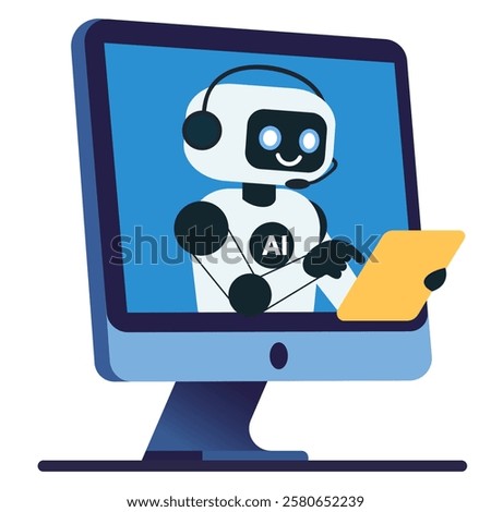 Cute chat bot with yellow tablet from monitor screen
