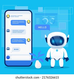 cute chat robot, chatbot, character mascot with smartphone in blue background