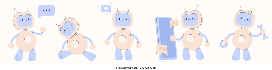 Cute chatbot ai character.Artificial intelligence chat service business concept.AI Content Generator. Chatbot technology, Hand drawn robot toy mascot. Vector illustration EPS 10