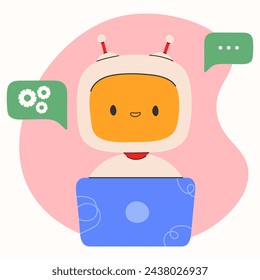 Lindo chatbot ai character.Artificial intelligence chat service concepto de negocio.AI Content Generator. Tecnología de robots de charla, mascota de juguete robot dibujado a mano. Ilustración vectorial EPS 10