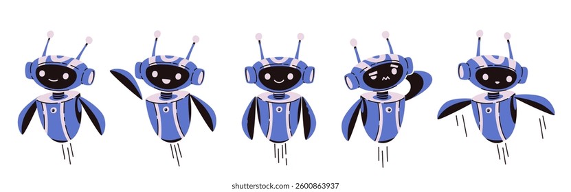Cute chatbot AI characters set in blue color. Friendly robot assistants with different emotions - happy, smiling, laughing and confused. Chat bot avatars for customer support, virtual help service.