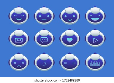 Cute chatbot avatars flat icon set. Futuristic chat bot or futuristic head with different emotions and symbols on face vector illustration collection. Computer assistant and digital technology concept