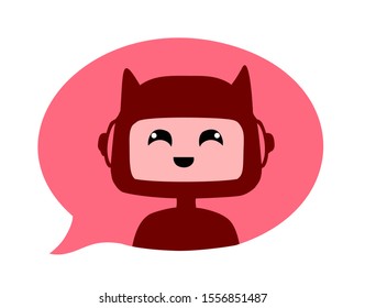 Cute chatbot with cats ears and smiling face. Virtual young smart bot robot in pink speech bubble. Vector