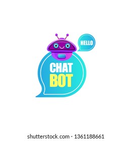cute chatbot character or intelligent assistant with speech bubble isolated on white background. Vector Funny robot assistant, chatter bot, helper chatbot logo or label