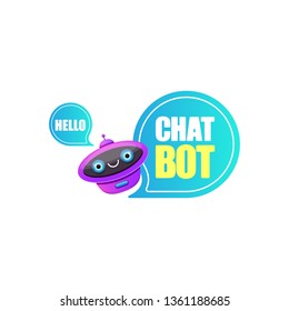cute chatbot character or intelligent assistant with speech bubble isolated on white background. Vector Funny robot assistant, chatter bot, helper chatbot logo or label