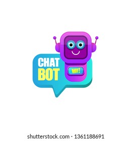 cute chatbot character or intelligent assistant with speech bubble isolated on white background. Vector Funny robot assistant, chatter bot, helper chatbot logo or label