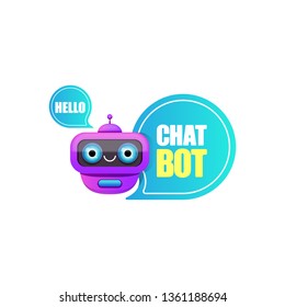 cute chatbot character or intelligent assistant with speech bubble isolated on white background. Vector Funny robot assistant, chatter bot, helper chatbot logo or label