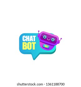 cute chatbot character or intelligent assistant with speech bubble isolated on white background. Vector Funny robot assistant, chatter bot, helper chatbot logo or label