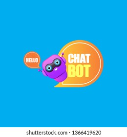 cute chatbot character or intelligent assistant with speech bubble isolated on blue background. Vector Funny robot assistant, chatter bot, helper chatbot logo or label 