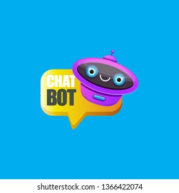 cute chatbot character or intelligent assistant with speech bubble isolated on blue background. Vector Funny robot assistant, chatter bot, helper chatbot logo or label 