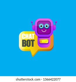 cute chatbot character or intelligent assistant with speech bubble isolated on blue background. Vector Funny robot assistant, chatter bot, helper chatbot logo or label 