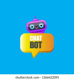 cute chatbot character or intelligent assistant with speech bubble isolated on blue background. Vector Funny robot assistant, chatter bot, helper chatbot logo or label 