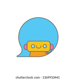 cute chatbot character or intelligent assistant with speech bubble isolated on white background. Vector Funny robot assistant, chatter bot, helper chatbot logo or label 