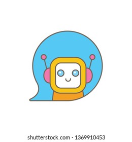 cute chatbot character or intelligent assistant with speech bubble isolated on white background. Vector Funny robot assistant, chatter bot, helper chatbot logo or label 