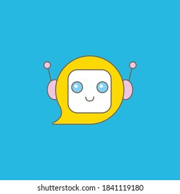 un personaje lindo de chatbot o asistente inteligente con burbuja de habla aislada en fondo azul. Vector Funny robot asistente, chatbot, logo o etiqueta del robot auxiliar 