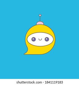 süßer Chatbot-Charakter oder intelligenter Assistent mit Sprachblase einzeln auf blauem Hintergrund. Vector Funny Roboter-Assistent, Chatter-Bot, Helfer-Chatbot-Logo oder -Label 