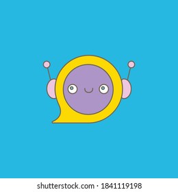 cute chatbot character or intelligent assistant with speech bubble isolated on blue background. Vector Funny robot assistant, chatter bot, helper chatbot logo or label 