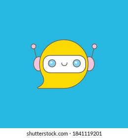 cute chatbot character or intelligent assistant with speech bubble isolated on blue background. Vector Funny robot assistant, chatter bot, helper chatbot logo or label 