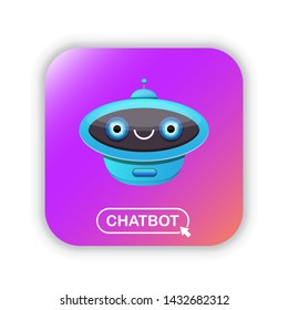 cute chatbot character isolated on violet background. Vector Funny robot assistant, chatter bot, helper chatbot logo or label