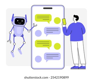 Cute chatbot character and man flat vector illustration. Virtual assistant AI robot in phone. Artificial intelligence avatar 