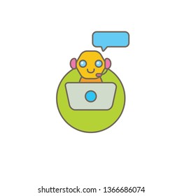 cute chatbot character with notebook or intelligent assistant with speech bubble isolated on white background. Vector Funny robot assistant, chatter bot, helper chatbot logo or label 