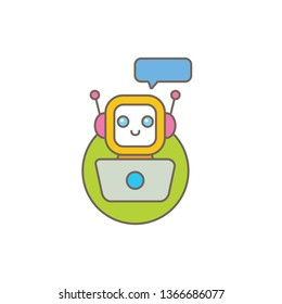 cute chatbot character with notebook or intelligent assistant with speech bubble isolated on white background. Vector Funny robot assistant, chatter bot, helper chatbot logo or label 