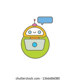cute chatbot character with notebook or intelligent assistant with speech bubble isolated on white background. Vector Funny robot assistant, chatter bot, helper chatbot logo or label 