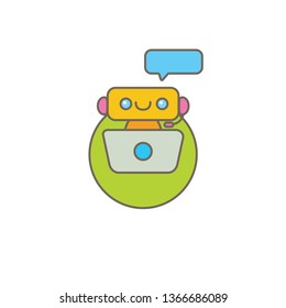 cute chatbot character with notebook or intelligent assistant with speech bubble isolated on white background. Vector Funny robot assistant, chatter bot, helper chatbot logo or label 