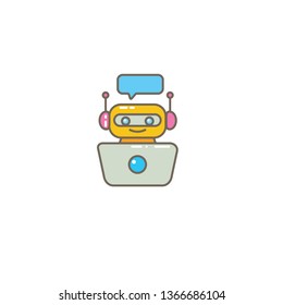 cute chatbot character with notebook or intelligent assistant with speech bubble isolated on white background. Vector Funny robot assistant, chatter bot, helper chatbot logo or label 